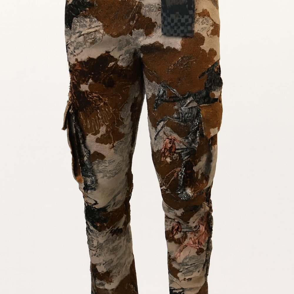 Rebel Vengeance Skeleton Desert Camo Tapestry Pants, Designer Streetwear Art